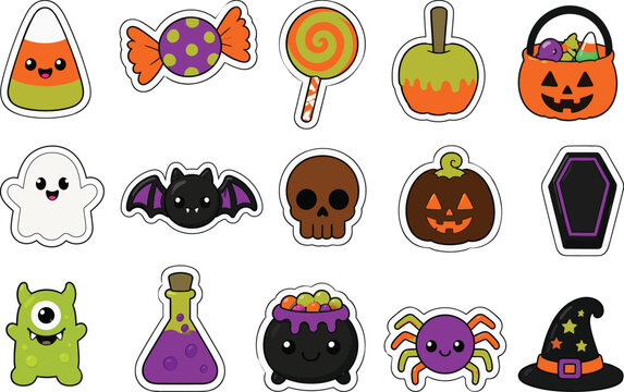 Cute Halloween Candy and Spooky Cartoon Icons Collection