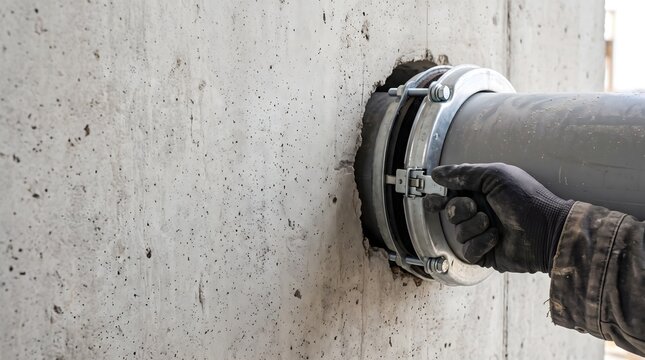 Close-up of an installer fastening a firestop collar around a plastic pipe penetration in a concrete wall, illustrating passive fire protection and fire barrier safety.