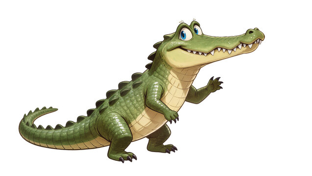 Isolated friendly cartoon alligator character with large blue eyes, smiling and waving cheerfully