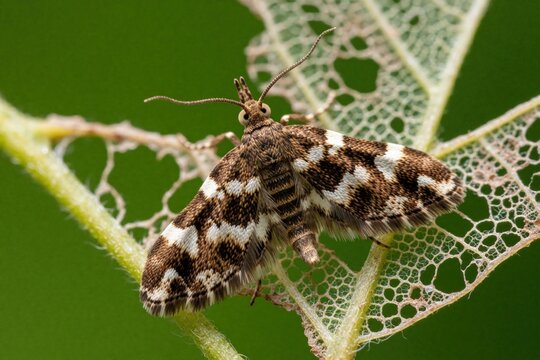 Small moth with patterned wings rests on a damaged green leaf. Insect shows intricate detail on body and antennae. Nature background creates soft focus.
