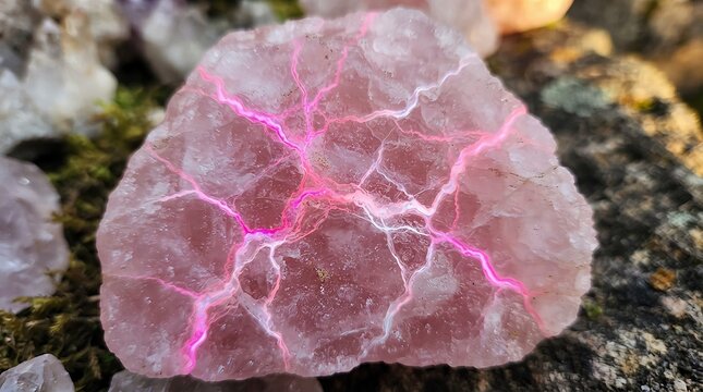 Close up of rose quartz crystal with pink lightning veins, natural mineral formation for healing and decor.