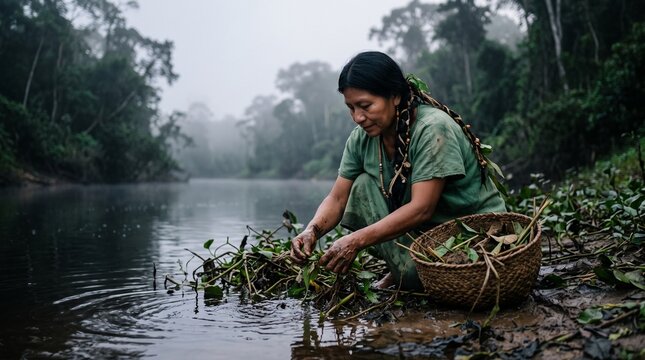 Traditional Woman Harvesting Aquatic Plants Along A Misty Tropical Riverbank Landscape