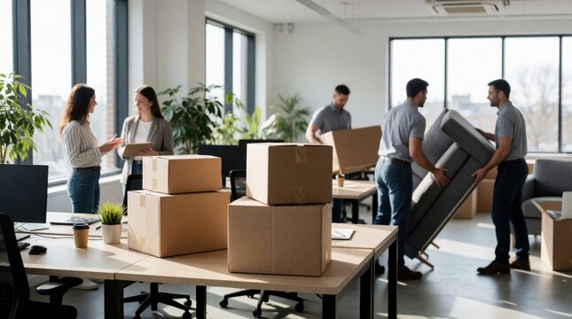 Office workers talk near boxes while movers carry sofa. Team helps with relocation, removing furniture, clearing cluttered workspace, organizing office move.