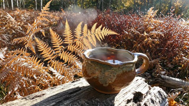 Handmade glazed tea mug holding a warm steeped drink on a sun-bleached fallen log, surrounded by copper bracken fronds as subtle vapor drifts through a quiet woodland clearing in crisp fall light