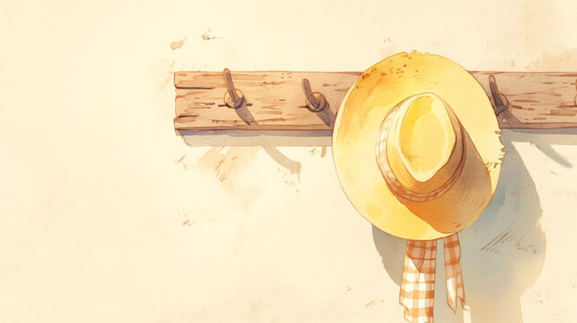 Illustration of a straw hat hanging on a wooden wall hook with a checkered scarf, showcasing a rustic and simple design in a light-colored setting