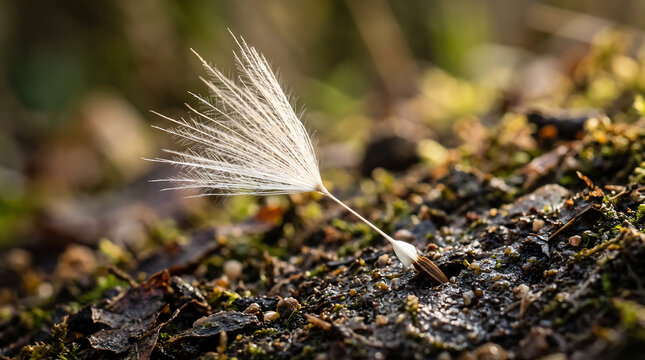 Macro Photo of Dandelion Seed Resting on Wet Ground in Warm Sunlight Forest Floor Close Up