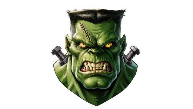 Isolated scary angry Frankenstein monster head illustration with green skin and sharp teeth