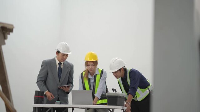 Construction team reviewing project plans together at building site, engineering discussion, site management, project planning, contractor teamwork, construction development.