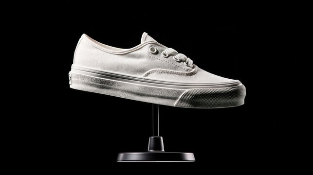 Minimalist white canvas shoe displayed against a dark background.