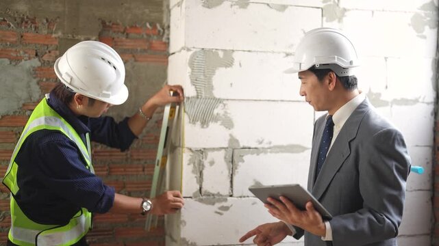 Construction engineers measuring unfinished wall during building inspection, site assessment, quality control, civil engineering, property development, construction management.