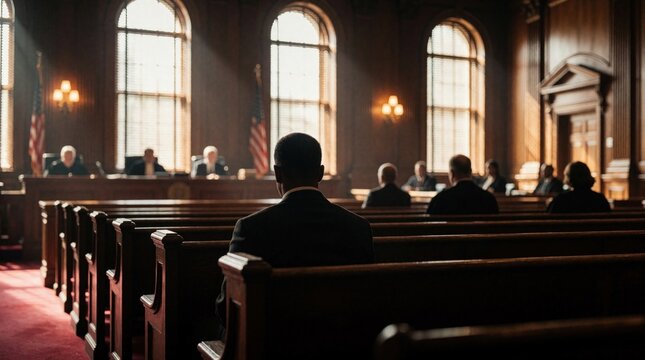 Man in suit sits in courtroom facing judges bench. Legal proceeding with court officials, jury, and audience in attendance. Justice system trial unfolds.