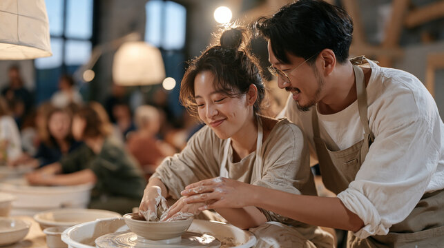A ceramics studio instructor teaches a newcomer patiently in a grand lamp-lit interior, the last daylight fading through tall windows, a crowd of evening class participants