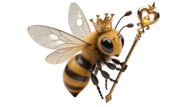 Isolated charming queen bee character wearing a golden crown and holding a royal scepter