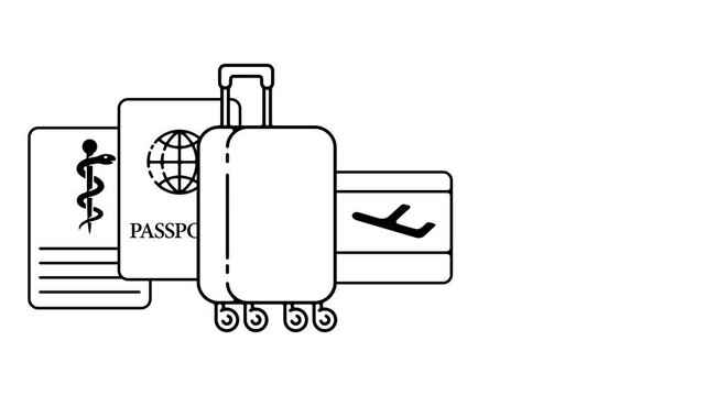 A clean, stylized animated vector icon set of travel equipment. Features a rolling suitcase revealing an international passport, airline ticket, and medical insurance form in the background. Transpare