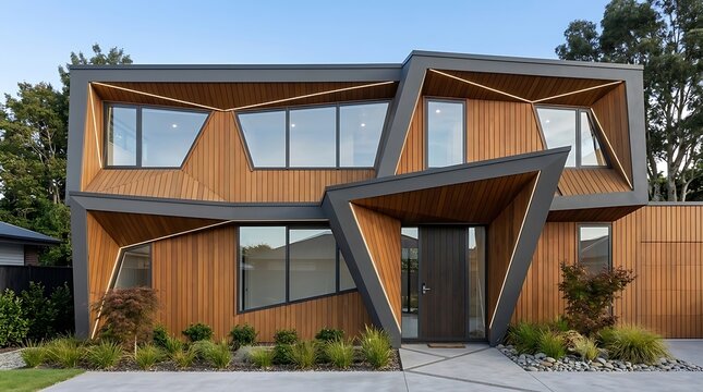 Contemporary house facade featuring vertical wooden cladding and stylish window placement design.