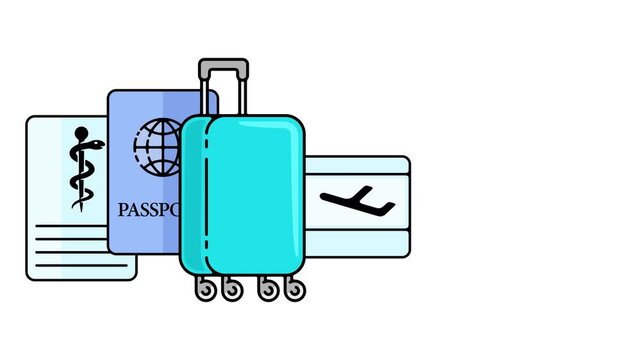 A clean, stylized animated vector icon set of travel equipment. Features a rolling suitcase revealing an international passport, airline ticket, and medical insurance form in the background. Transpare