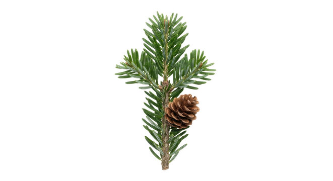 Green fir tree branch sprig with small pinecone attached