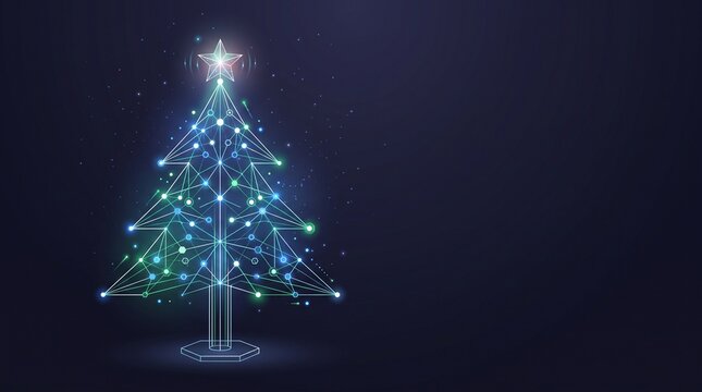 Futuristic digital Christmas tree glowing with connected nodes, symbolizing modern holiday celebration and innovative seasonal technology