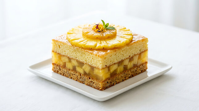 Layered pineapple cake with fruit and nuts on white plate