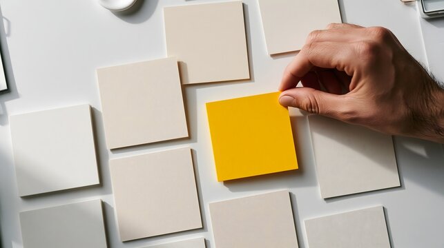 Hand platziert eine gelbe Ideenkarte zwischen leeren wei&szlig;en Karten
