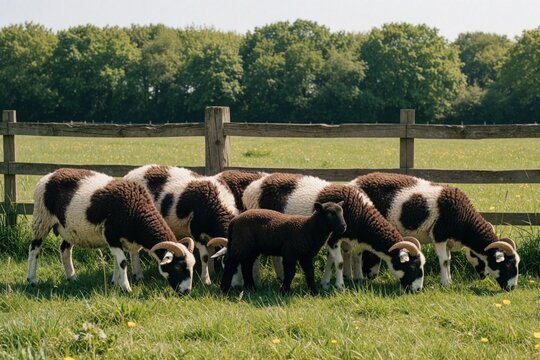 Jacob sheep ewes and young lambs graze on green grass pasture. Adult sheep have brown and white wooly fleece. Young lamb is dark brown. Wooden fence and trees in background. Sunny day.