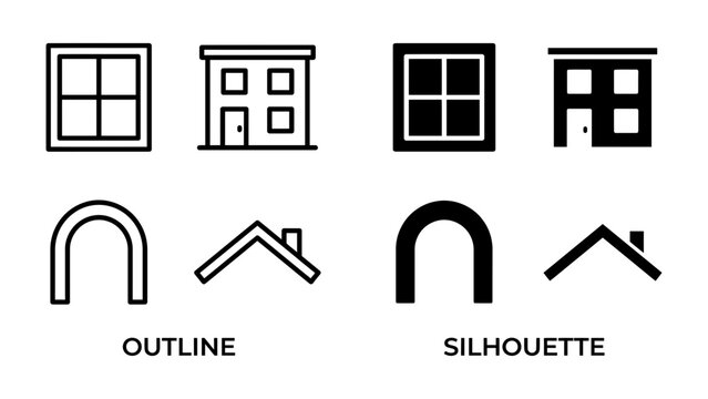 House Icon Collection: A set of minimalist outline and silhouette icons representing building elements like windows, doors, and roofs, showcasing architectural concepts in a clean, graphic style.