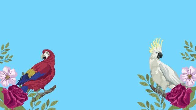 Animated parrots and cockatoo perched on branches with flowers, blue background, motion graphics.