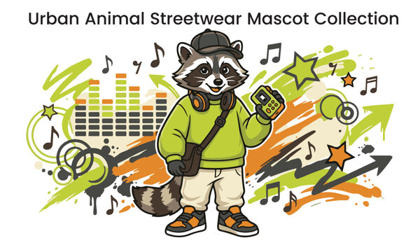 Cool Raccoon Mascot Character with Headphones Music Player and Equalizer Streetwear Vector