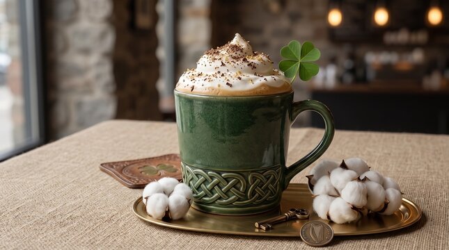 Green mug with whipped cream and clover on a rustic table setting  