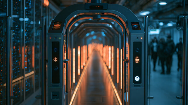 Futuristic Access Control Security Gate in a High-Tech Facility