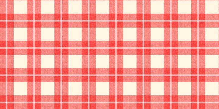 Seamless red plaid pattern background with fabric texture. Vintage checkered tartan for picnic tablecloth, fabric, or wallpaper. Classic red gingham for autumn or fall.