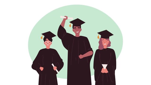 Diverse graduates in caps and gowns celebrate success holding diplomas on graduation day.