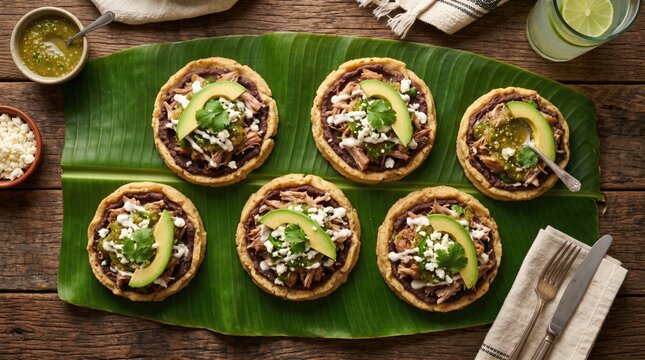 Traditional Mexican sopes with avocado and beans on banana leaf. Authentic corn masa appetizers with meat and cheese. Rustic latin food.