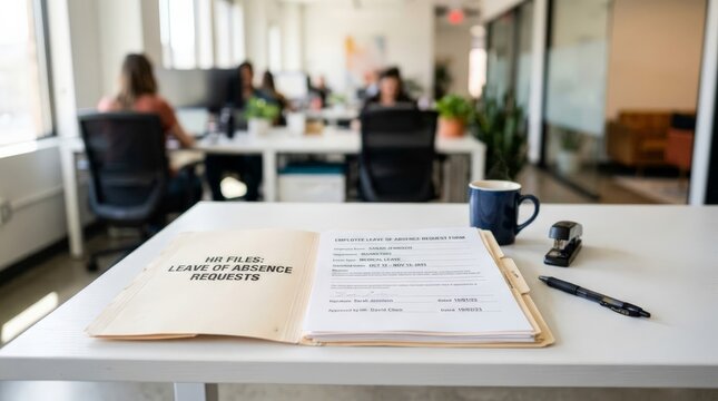 A beige folder labeled HR FILES: LEAVE OF ABSENCE REQUESTS lies open on a white desk with a pen, stapler, and coffee mug in a modern office