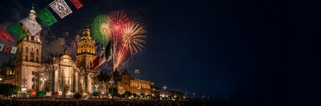 Crowd celebrating Mexican Independence Day at Mexico City Zocalo with Metropolitan cathedral, national flag and colorful firework display at night. Banner with copy space