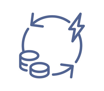 Simple line art icon of financial recovery with coins lightning bolt and circular arrows, economy improvement and investment return symbol, banking and money cycle pictogram linear flat illustr