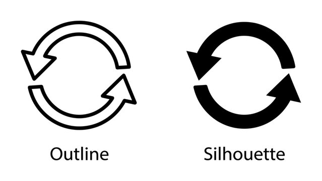 Circular Arrows: A graphic representation of a refresh or reload symbol, shown in both outline and silhouette styles, indicating a cyclical process or repeated action.