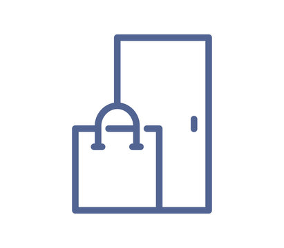 Simple line art icon of shopping bag near doorway, retail purchase and ecommerce delivery symbol, store entrance pictogram linear flat illustration isolated on white background.