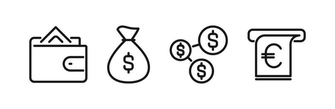 Wallet and currency icons set, banking payment symbols and financial transaction elements, digital finance outline illustration.