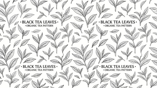 Very beautiful realistic vector seamless pattern featuring hand-drawn black tea leaves with organic botanical forms, BLACK TEA LEAVES &bull; ORGANIC TEA PATTERN, isolated on white background, no gradients,