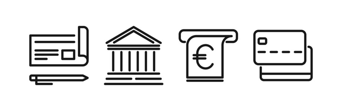Banking and finance icons set, payment transaction and money transfer symbols, financial technology and digital banking elements, outline business illustration.
