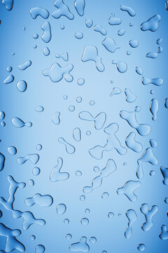 3D rendering abstract pattern of water drops on glass surface on clean blue gradient background for beauty and skincare advertising, cosmetic packaging design, medical, pharmaceutical, purity concept