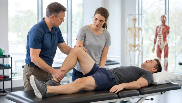 Physiotherapy Student Learning Lower-Limb Mobility Assessment with Instructor in University Rehabilitation Laboratory