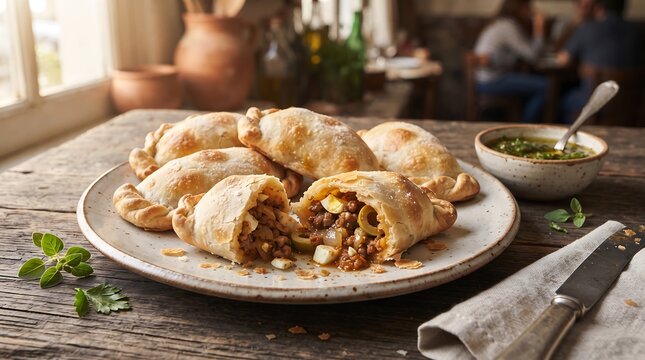 Homemade beef empanadas on a rustic ceramic plate