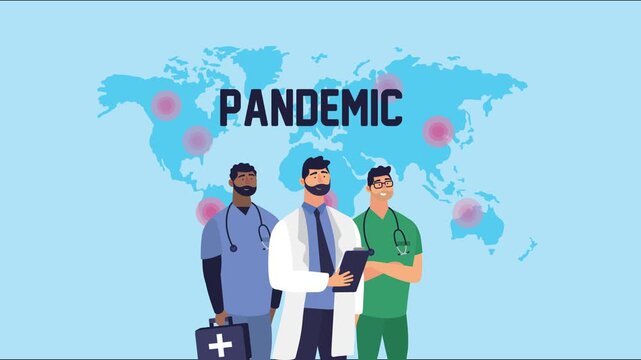 Three doctors stand in front of world map with pandemic hotspots and word pandemic.