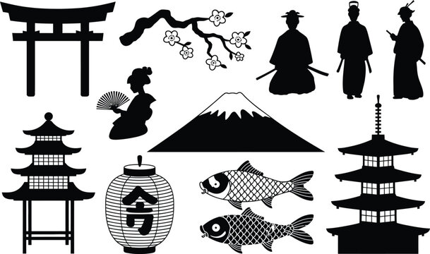 Traditional Japanese cultural elements vector silhouette set featuring Mount Fuji torii gate pagoda geisha koi fish and cherry blossom branch