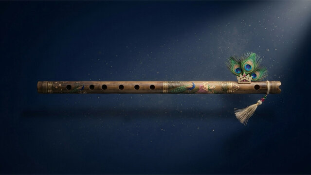 Traditional Indian Flute with Peacock Feathers and Crown on Dark Blue Background