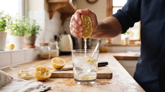 Hand squeezing a fresh lemon slice over a glass of water on a kitchen tabletop.