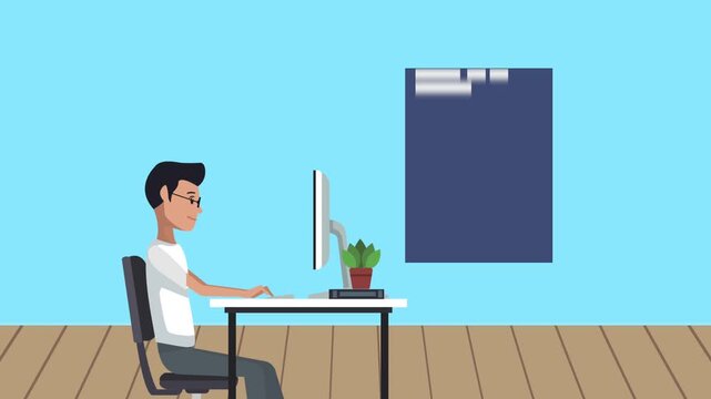 Male software engineer coding on desktop computer at workplace cartoon animation.