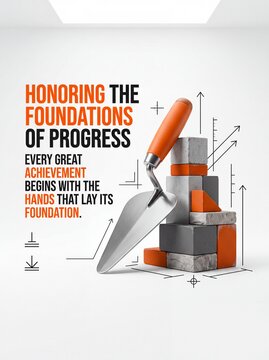 A construction trowel standing next to a stack of concrete with metal trowel orange handle stands next small stack textured concrete orange blocks technical drawing lines architecture blueprint